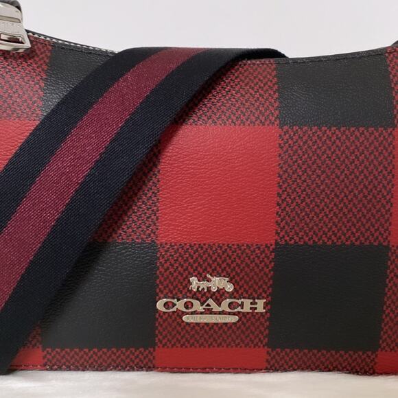 New Coach Jes Baguette With Buffalo Plaid Purse/Coated Canvas/Red-Black - Picture 9 of 12